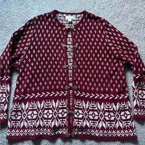 CJ Banks 1X‎ Holiday Burgundy, and White Patterned Cardigan Hook closure